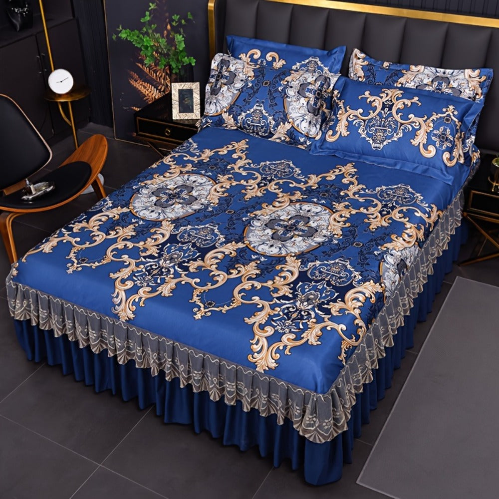 Floral Ruffle Bed Skirt Cool Mat 3 Piece Set with Pillowcase, Double Layer 360¡ã Full Wrap Washable Cooling Mattress Cover, Breathable Summer Bedding Set for Twin Full Queen King, Parisian Romantic Floral