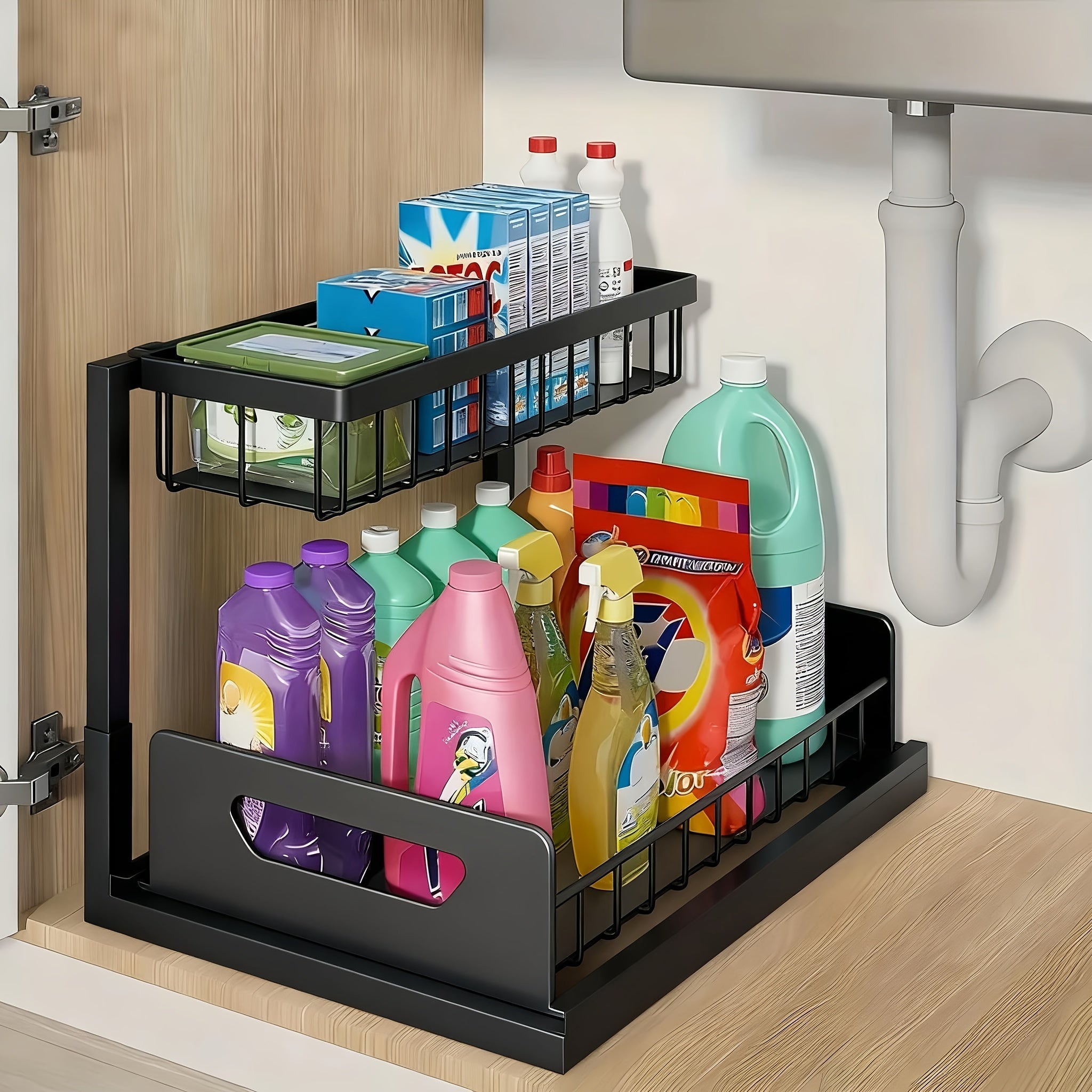 2-Tier Pull-Out Cabinet Organizer Metal Sliding Drawer, Kitchen Sink Storage Container for Bathroom Tabletop Study, Push-Pull Stackable Organizer for Kitchen Bathroom Cabinet