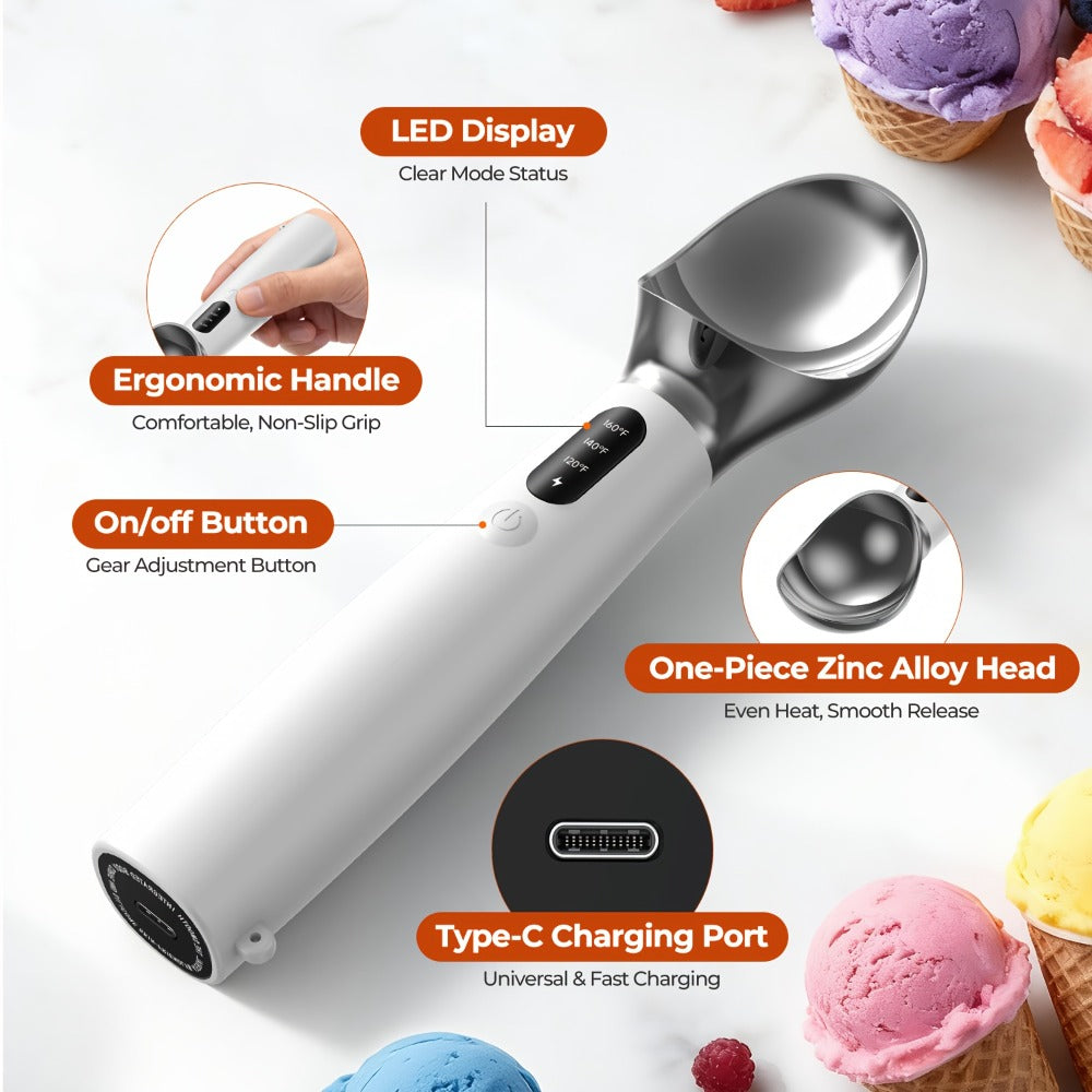Electric Heated Ice Cream Scoop USB-C Rechargeable with 3 Temperature Settings 120¡ãF 140¡ãF 160¡ãF IPX7 Waterproof Ergonomic Handle Gift for Ice Cream Lovers