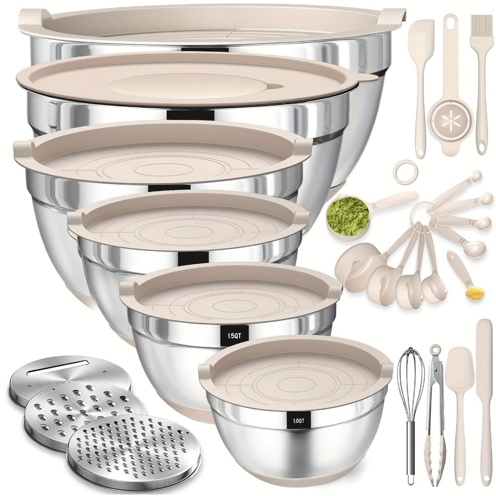 Mixing Bowls Set with Airtight Lids ¨C 26pcs Stainless Steel Bowl Set with 3 Grater Attachments, Non-Slip Bottoms, Sizes 1¨C7QT ¨C Kitchen Bowls for Mixing, Serving, Baking & Meal Prep