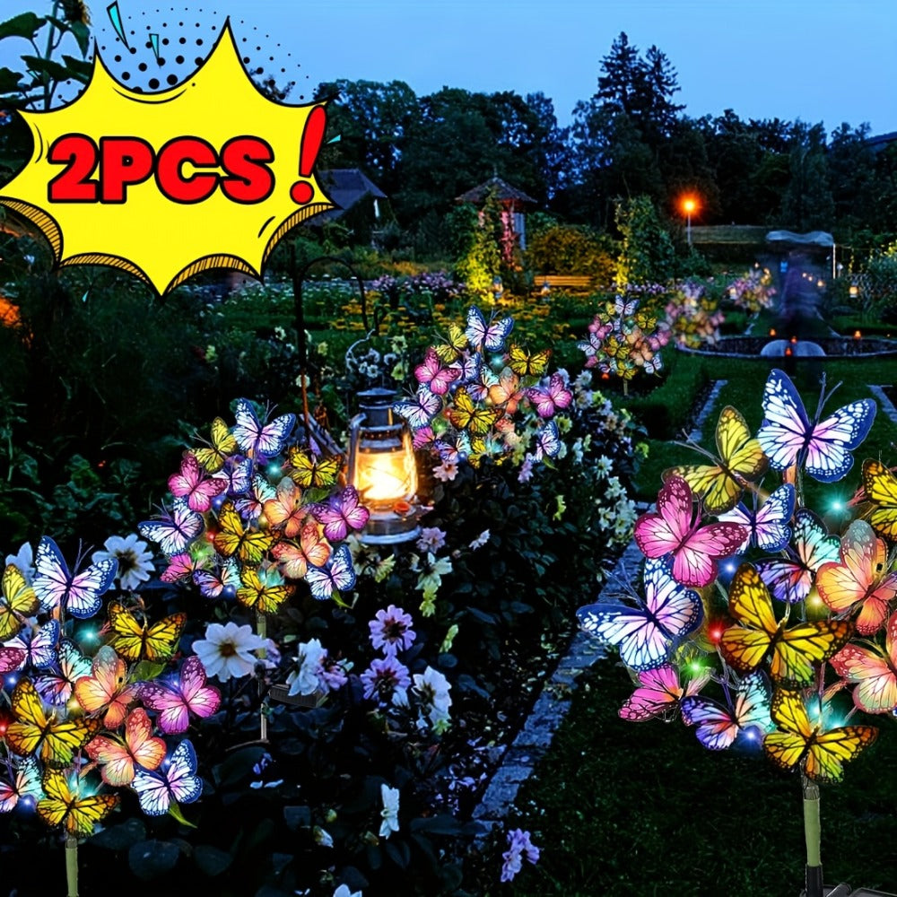 Solar Butterfly Garden Stake Lights Outdoor Waterproof IP65 ¨C 2pcs Colorful LED Solar Powered Lawn Insert Lights for Garden, Courtyard & Patio | Christmas Holiday Yard Decoration Ground Lights