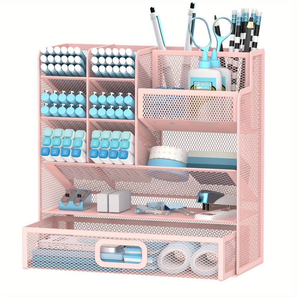 Mesh Desk Organizer with Drawer ¨C Multifunctional Desktop Pen Holder & Office Supply Organizer for Home Office, School & Art Studio ¨C Pencil Cup Caddy with Storage Compartments, Multiple Colors Available