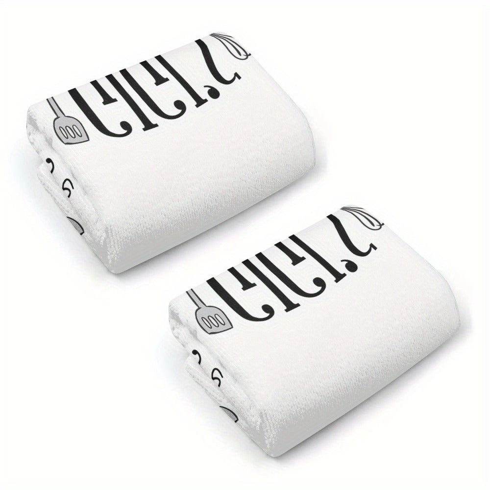 Kitchen Dish Towels 2 Pack 23.6x15.7 Inch - Decorative Hand Towels 370GSM Polyester Cartoon Utensil Graphic Love Served Daily Text Lightweight Soft Absorbent | Home Hotel Restaurant Kitchen Decor Gift