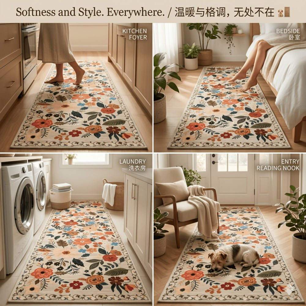 Bohemian Floral Plush Rug Non-Slip Machine Washable ¨C Soft Floral Runner Mat for Bedroom, Kitchen, Bathroom, Entryway & Living Room ¨C Easy Clean Indoor Home Decor Mat, 4 Sizes