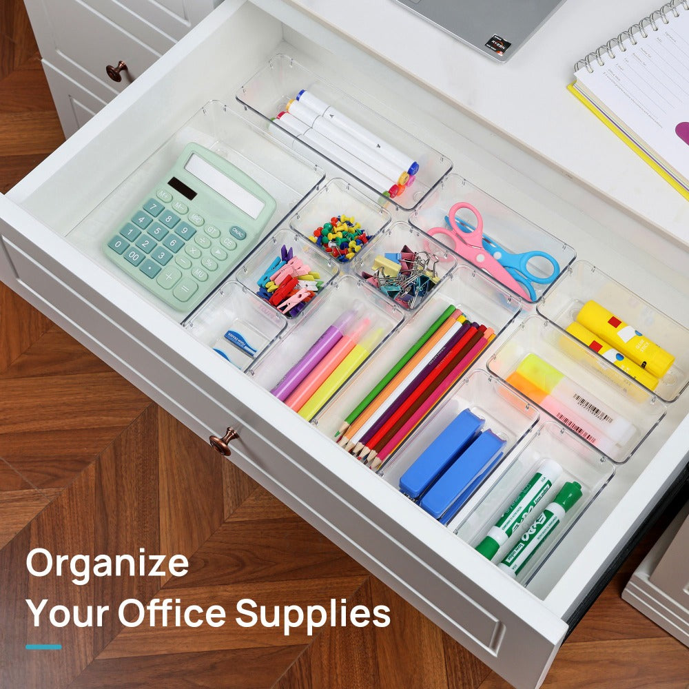 Clear Drawer Organizer Set 60pcs Plastic Storage Bins 4 Sizes for Desk Office Home Kitchen