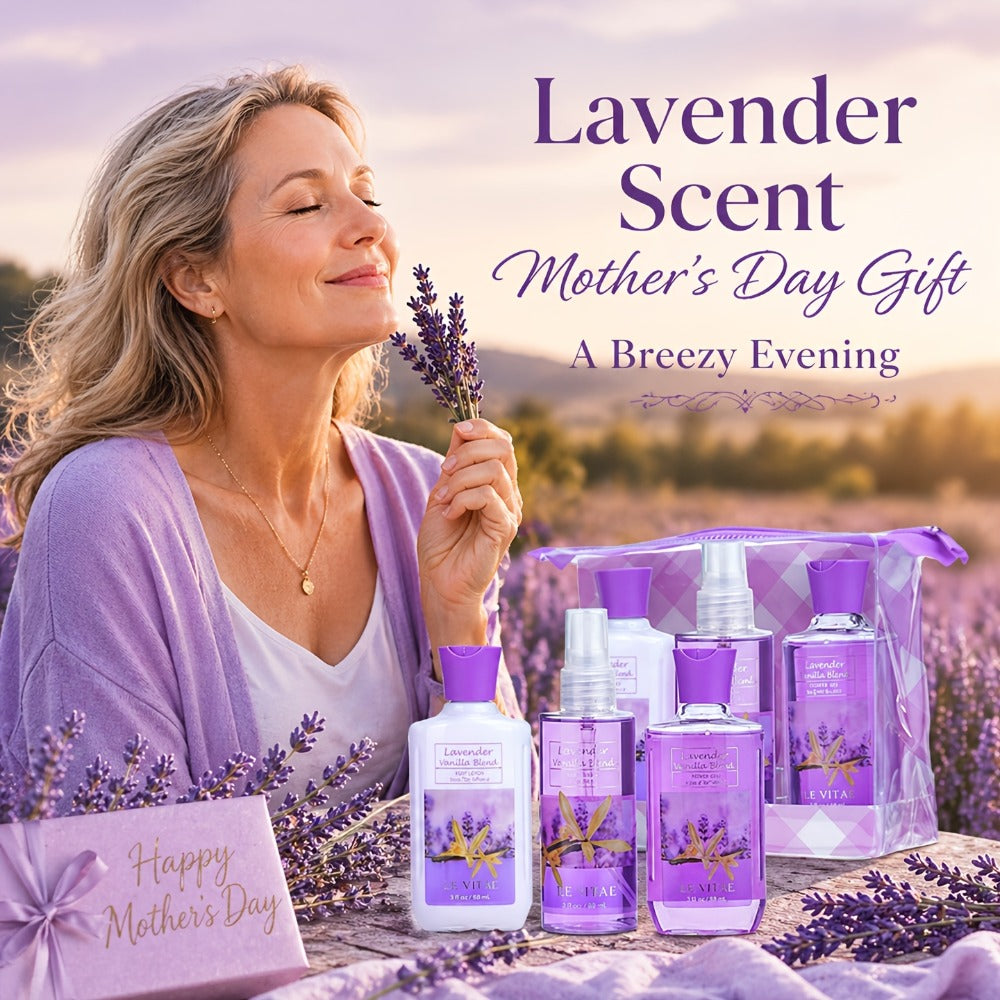 Luxury Bath Gift Set for Women 4pcs Lavender Vanilla Body Care Kit Shower Gel Body Lotion Body Cream Fragrance Mist for Mom Wife Girlfriend All Skin Types