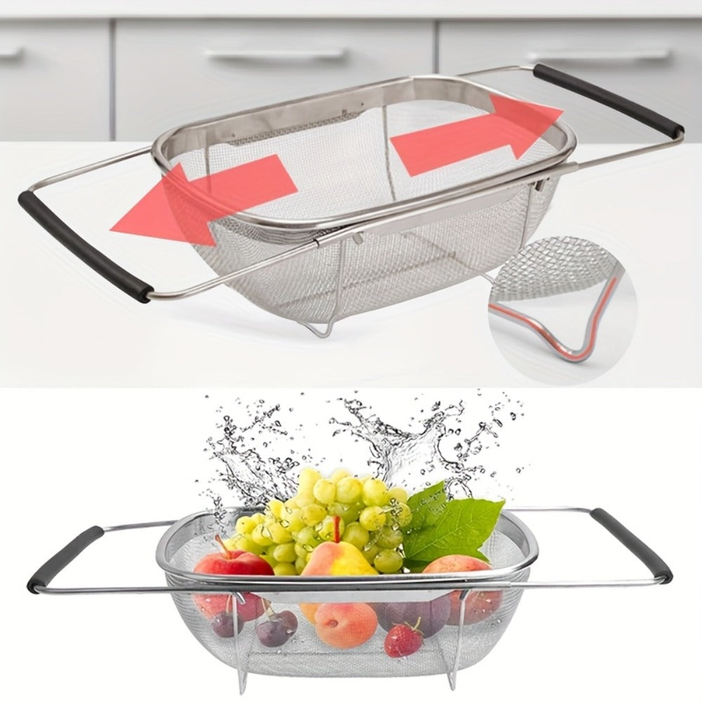 Stainless Steel Colander Expandable Fine Mesh Drain Basket Strainer for Vegetables Fruits Pasta Rice Kitchen Sink Washing Bowl Food Strainer