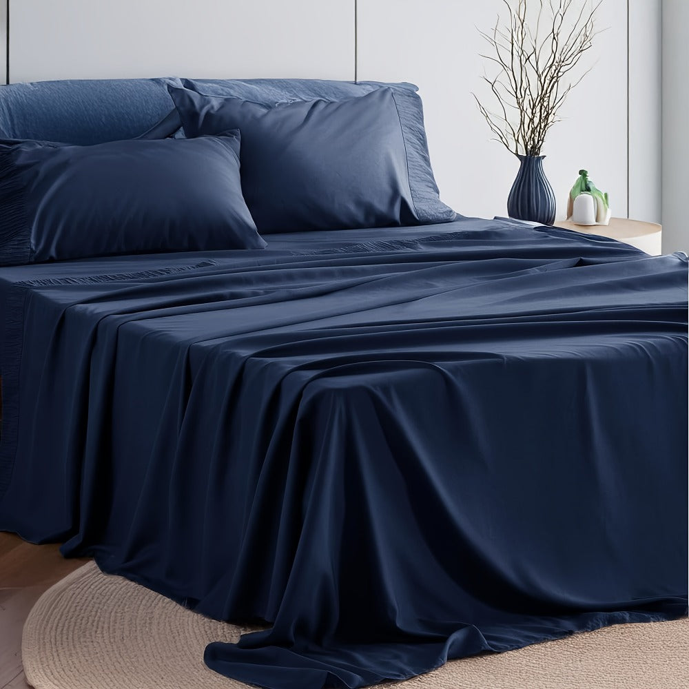 Bed Sheet Set 4-Piece Soft Breathable Cooling Sheets - Flat Sheet, Fitted Sheet & 2 Pillowcases, Wrinkle-Free Hotel Luxury Bedding, All Season Comfort