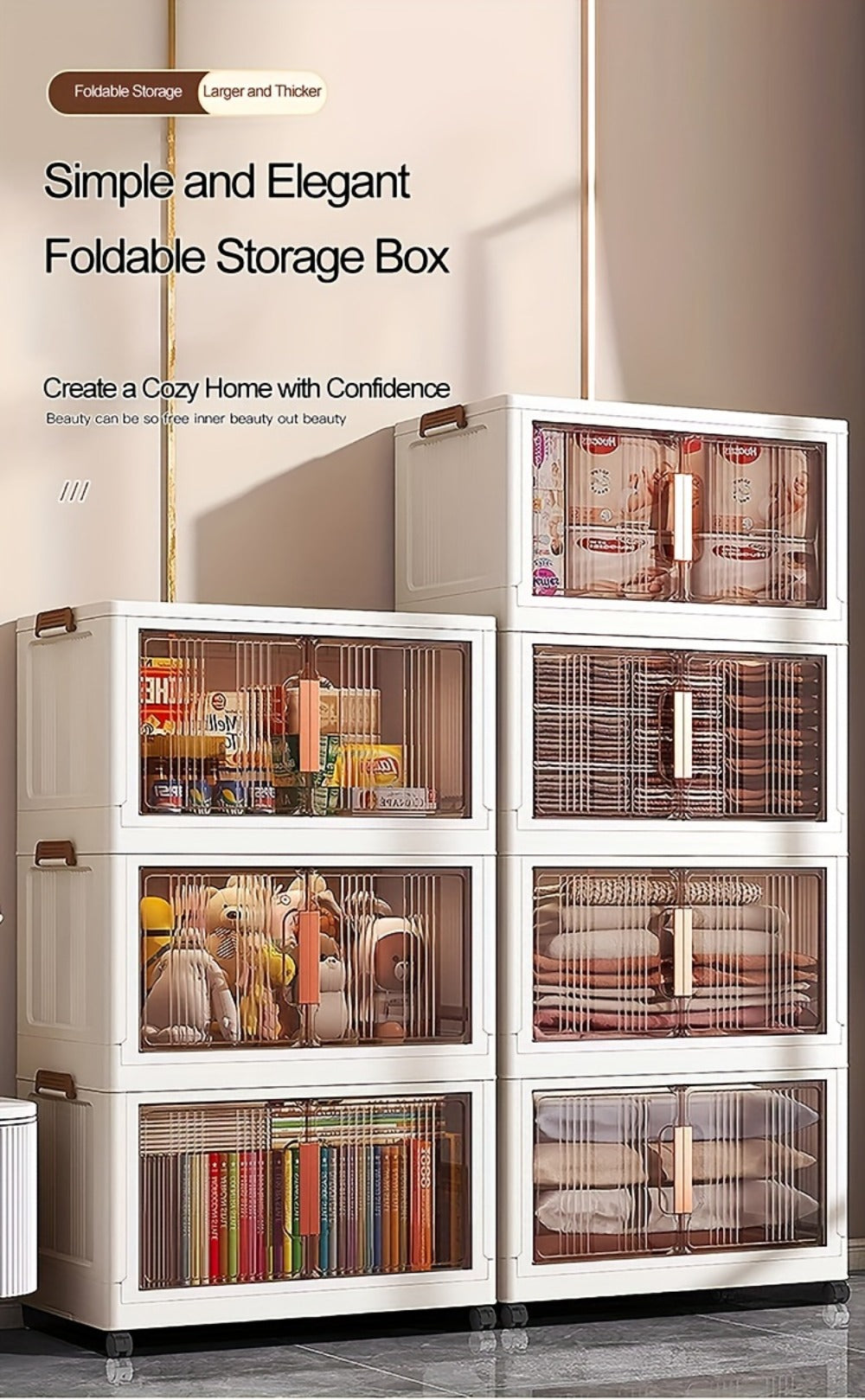 Folding Storage Cabinet with Wheels, 3/4/5-Tier Stackable Plastic Storage Bins with Lids & Magnetic Doors, Foldable Large Organizer with 360¡ã Lockable Wheels for Home Office Kitchen Bathroom Garage
