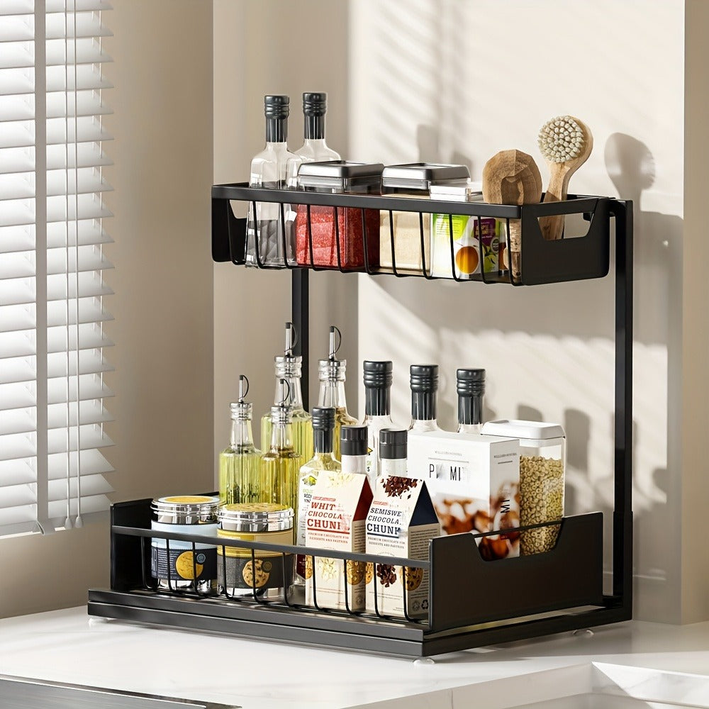 Under Sink Organizer 2-Tier Sliding Pull-Out Metal Rack Cabinet Storage for Kitchen Bathroom Refrigerator Adjustable Shelf Organizer in Black White Gray