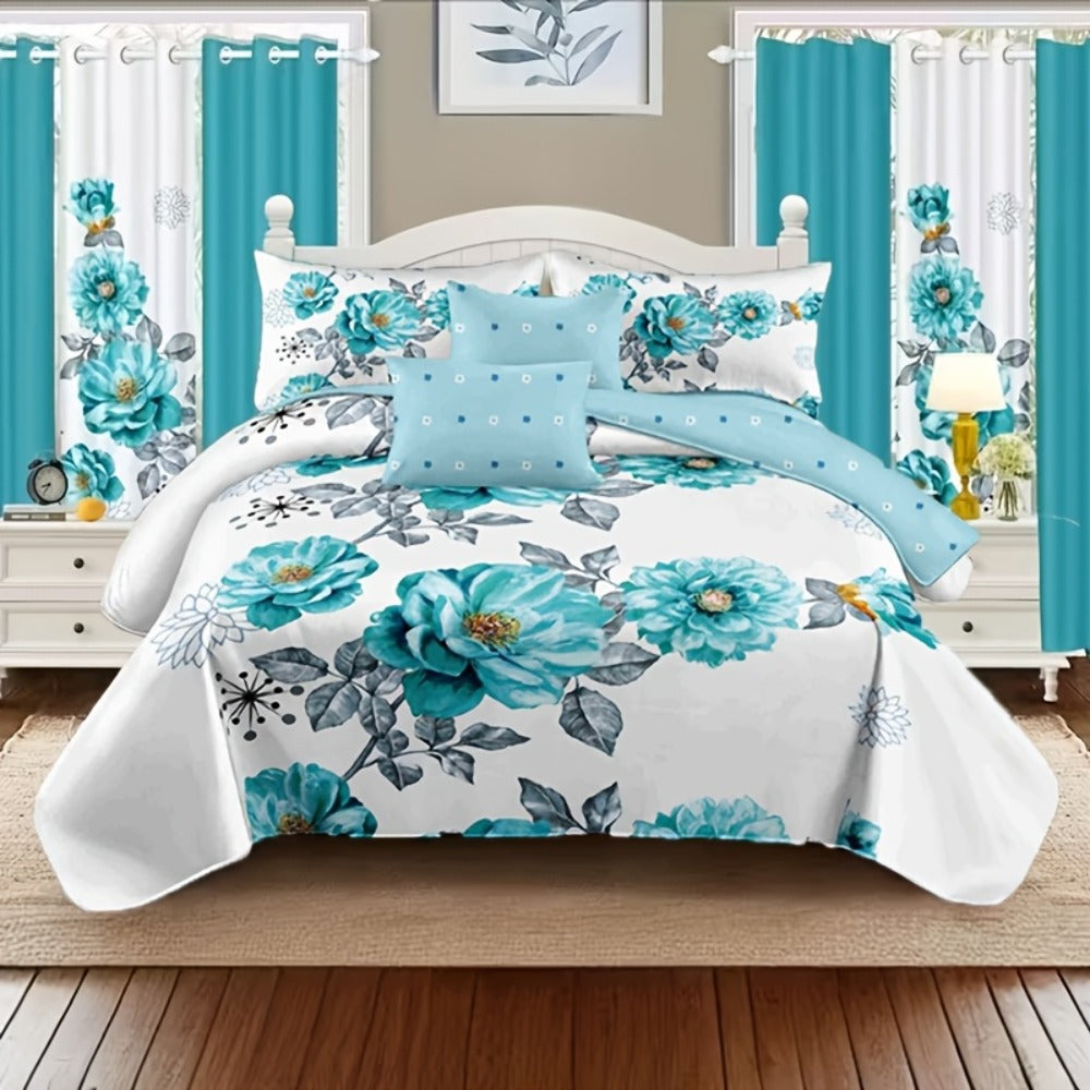 Teal Floral Comforter Set Twin Queen King Gradient Oil Painting Style Botanical Luxury Quilt Bedding Soft Microfiber All Season Bed in a Bag Gift