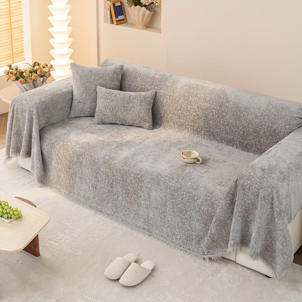 Chenille Sofa Cover with Fringe 300GSM - Super Soft Pet Friendly Solid Couch Slipcover for Single 2 4 Seater Living Room Decoration, 4 Colors