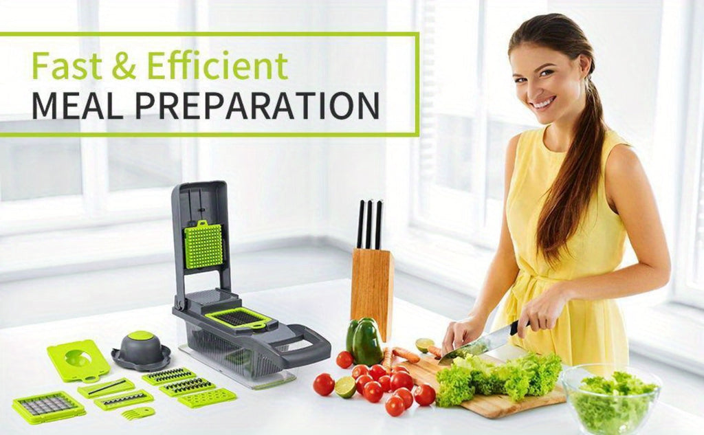Vegetable Chopper 16-in-1 Manual Food Chopper Set ¨C 8 Interchangeable Blades with Container, Grater & Strainer ¨C Professional Onion Slicer & Dicer for Carrots, Garlic & Salad Kitchen Prep
