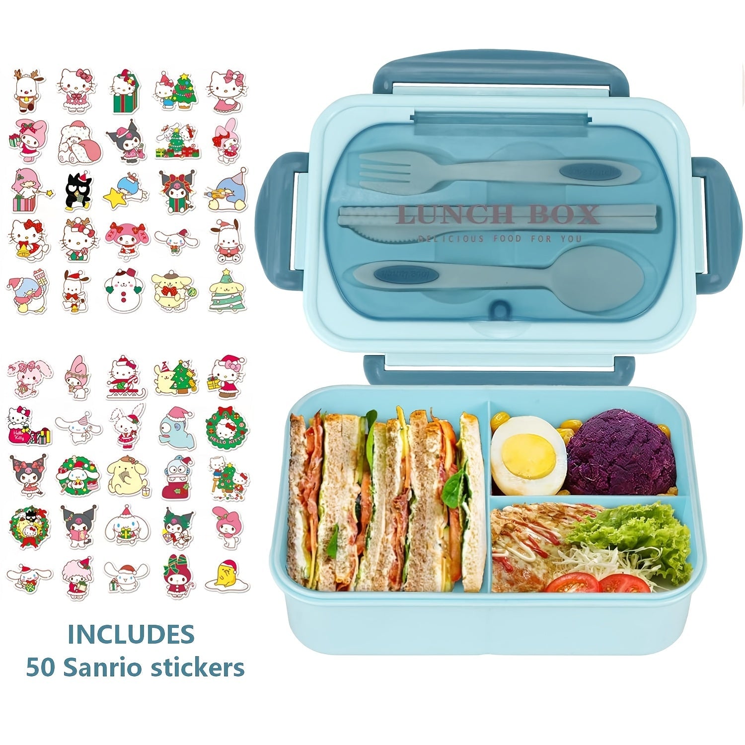 Sanrio Lunch Box Set 53pcs Bento Box with Thermal Bag Breakfast Cup Portable Sealed Compartment Microwave Dishwasher Safe for Work Picnic School