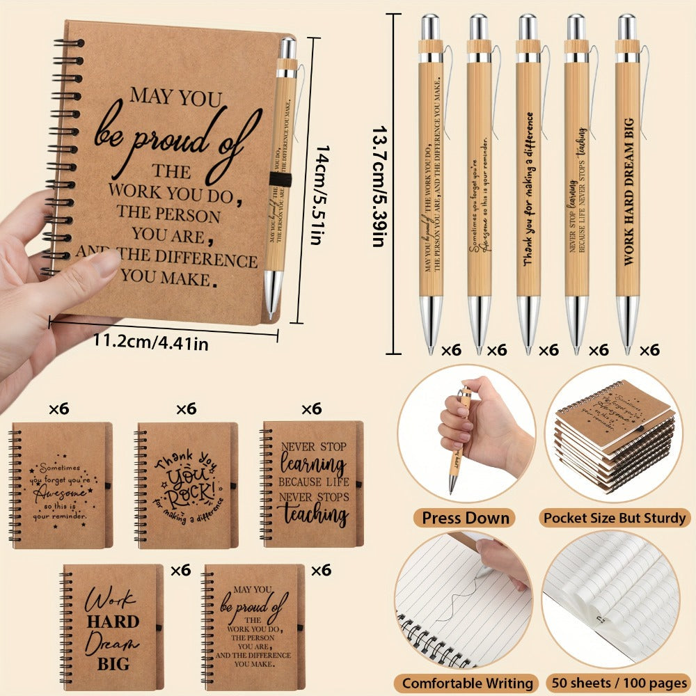 Spiral Notebooks with Retractable Bamboo Pens Bulk Gift Set ¨C 30 Pack Inspirational Journals Thank You Gifts for Teachers Employees Back to School Encouragement Notepad