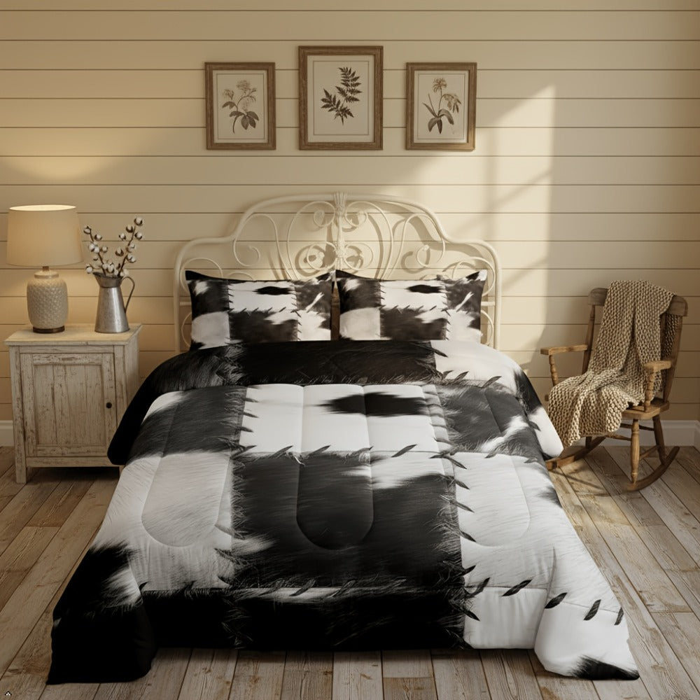 Cowhide Print Comforter Set 2/3pcs, Farmhouse Western Faux Animal Fur Bedding, Patchwork Cow Skin Quilt Set for All Beds, Soft Cozy Grey White