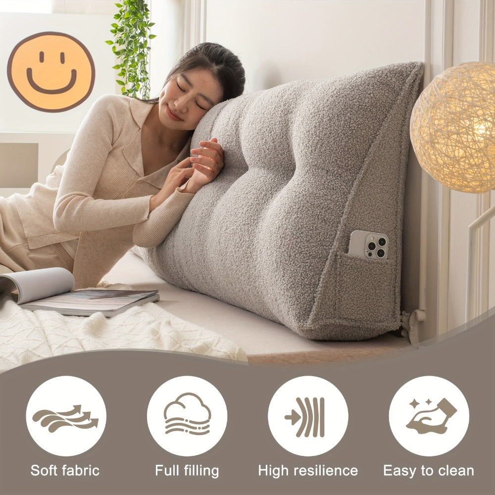 Bed Wedge Pillow Headboard Pillow with Side Pockets Removable Washable Cover Teddy Velvet Reading Pillow Twin Queen King