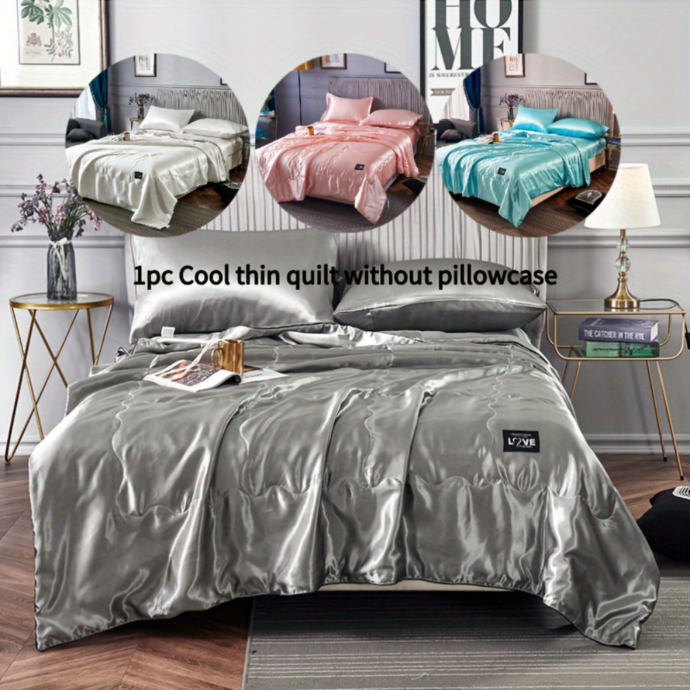 Cooling Satin Quilt Summer Comforter Ultra-Soft Breathable Lightweight Blanket, Machine Washable Satin Weave Bedspread for Home Dorm Hotel, Twin Full Size, White Silvery Grey Pink Lake Blue