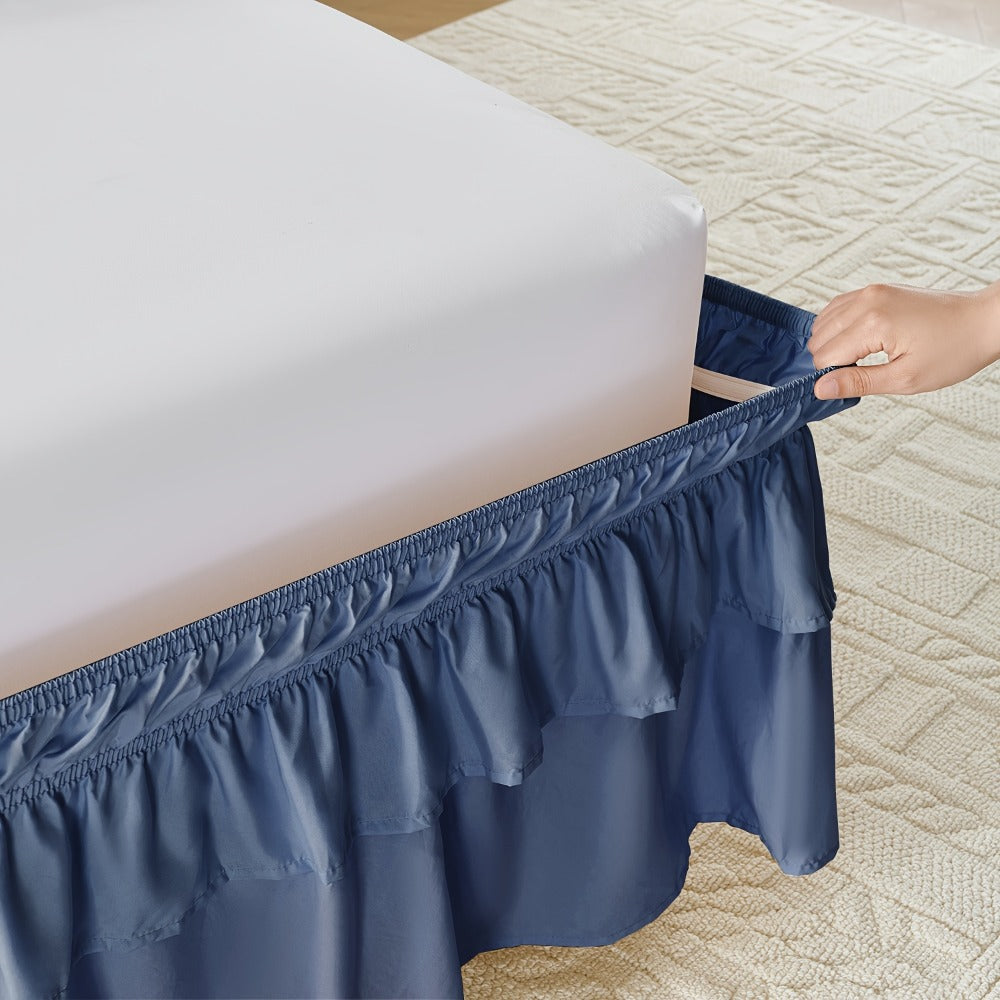 Double Ruffle Bed Skirt 16¡± Drop | Elastic Wrap Around Dust Ruffle for Twin Full Queen King Bed | Easy Install Machine Washable Soft Linen Poly Blend Bedskirt