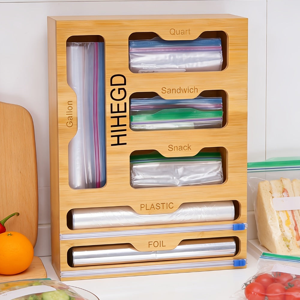 Bamboo Wrap Dispenser 6-in-1 Kitchen Organizer ¨C Built-In Cutter, 6-Grid Storage Box for Plastic Wrap, Aluminum Foil & Bags, Space-Saving Drawer Organizer for Pantry & Kitchen Counter