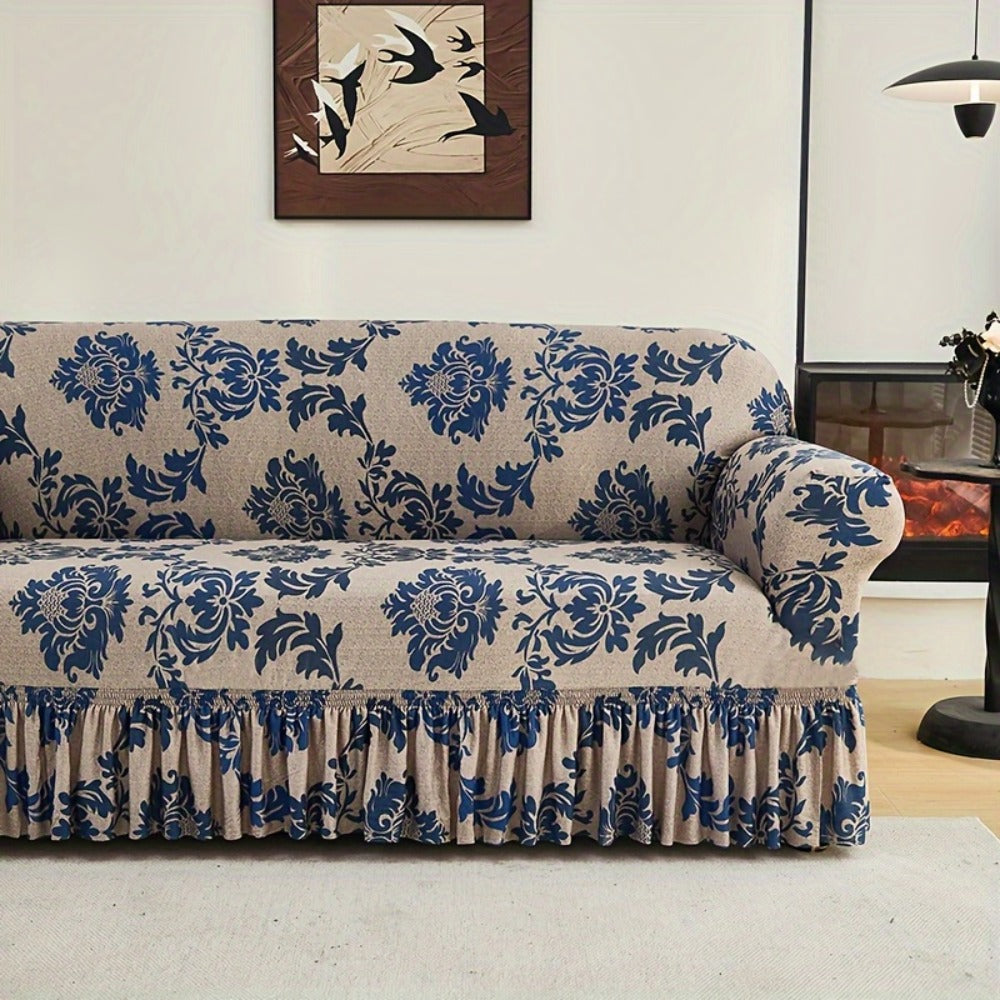 Stretch Sofa Cover Slipcover High-Stretch Fabric Ruffle Skirt Non-Slip Rod All-Season Snug Fit for 1 2 3 4 Seater Couch ¡ª Dark Blue with Pillow Cover