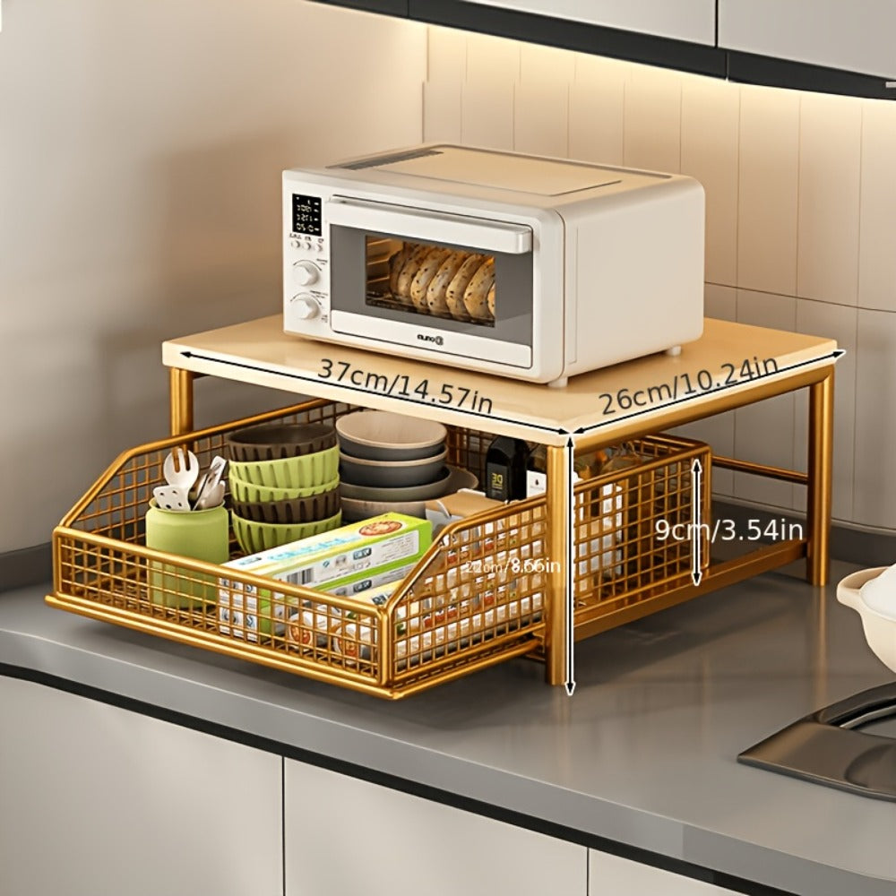 2-Tier Kitchen Countertop Organizer with Drawer & Wire Basket ¨C Hardwood & Metal Storage Shelf for Coffee Maker, Utensils & Spices