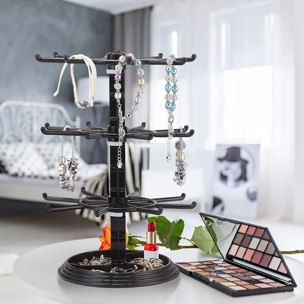Rotating Jewelry Stand 2-Tier Black ¨C Necklace Bracelet Earring Organizer Display Rack, Plastic Hanging Jewelry Tower for Dressing Table Counter, Keychain Holder, No Electricity Needed