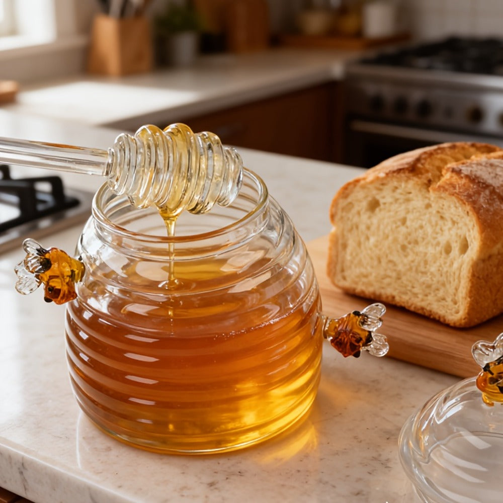 Glass Honeycomb Honey Jar with Lid and Stirrer | 480ml High Borosilicate Transparent Storage Container for Home Kitchen Wedding Party