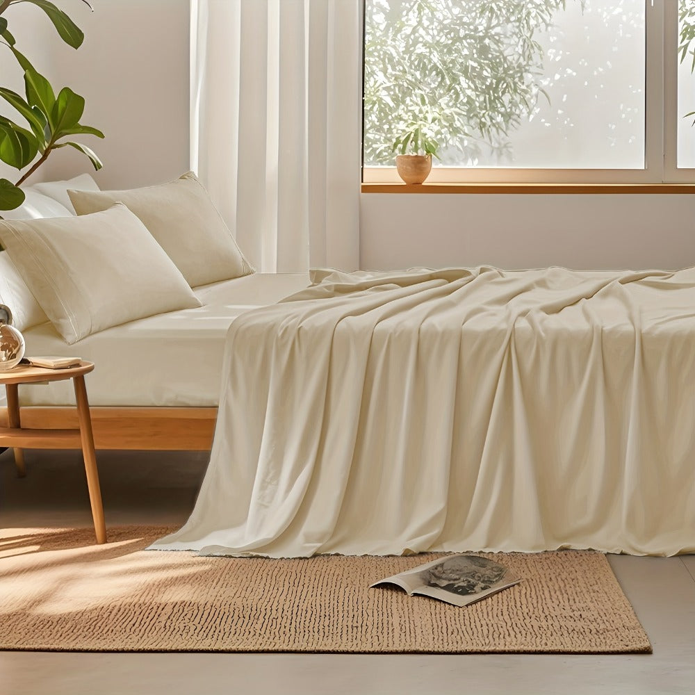 Fitted Sheet Set Deep Pocket | Soft Cooling Breathable Bedding 3-4pcs Fade-Resistant All-Season for Twin Full Queen King ¨C Solid Color Bed Sheets for Dorm Guest Room Everyday Use