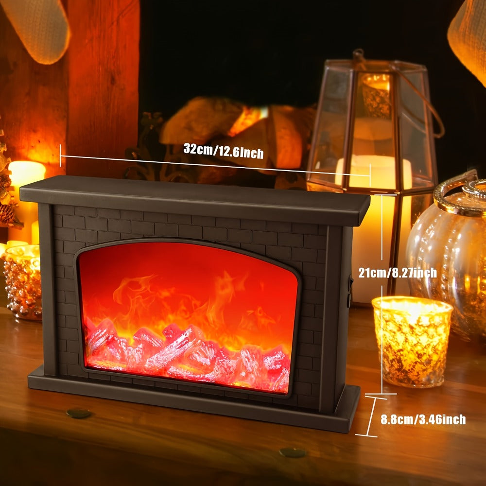 Simulated Charcoal Flame Fireplace Light, Battery & USB Powered Vintage Indoor Mood Light for Christmas Halloween Patio Decoration, Square Tabletop Fireplace Ornament