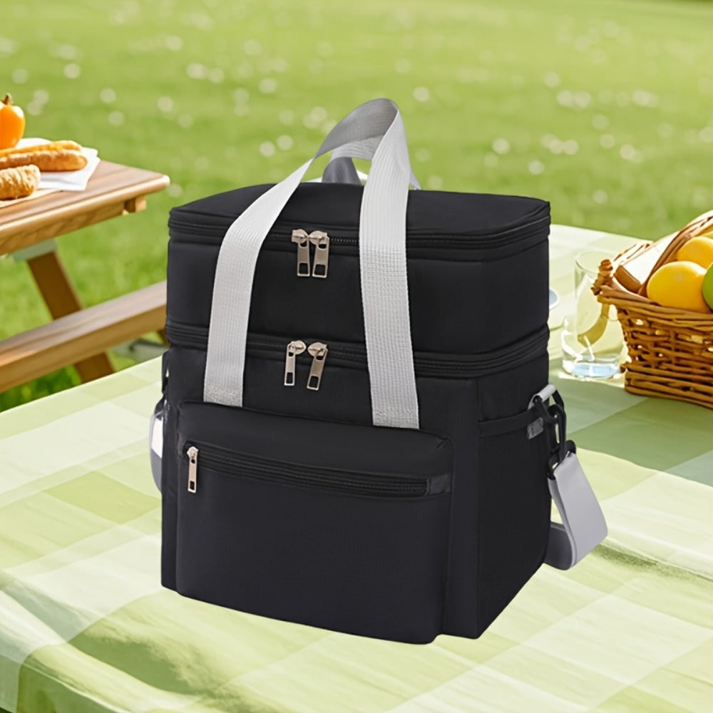 Insulated Lunch Bag Large Double Layer Leakproof Cooler Tote Bag with Adjustable Crossbody Strap for Men Women Office Picnic Travel Camping in Black Grey Burgundy Blue