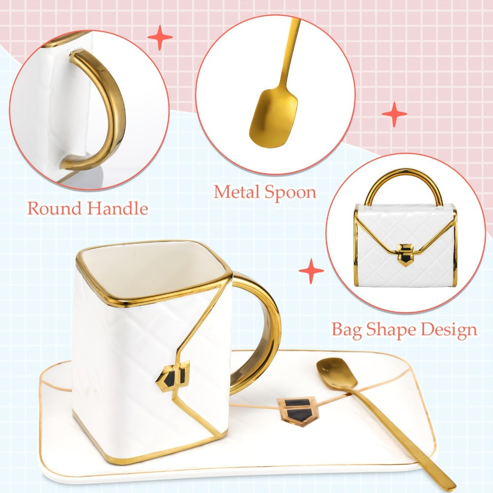 Purse Shaped Coffee Mug Set of 4 ¨C 10 Oz Handbag Ceramic Tea Cup with Saucer & Spoon ¨C Novelty Fashion Gift Mug for Women ¨C Perfect Birthday, Mother's Day & Housewarming Gift