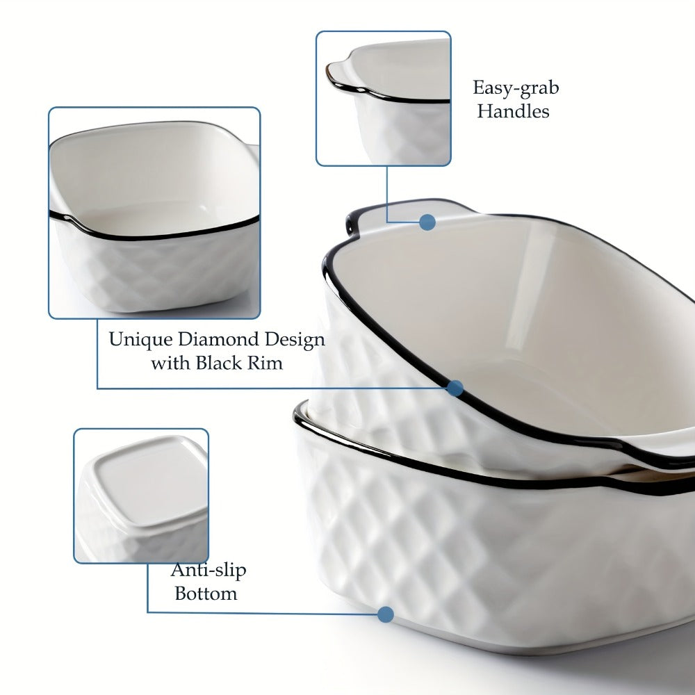 Ceramic Baking Dish Set 4-Piece, 13oz Small Square Ceramic Casserole Dishes with Handles, Diamond Design Oven & Microwave Safe Bakeware, 5.7x4.5x2.2 Inch Air Fryer Ceramic Dishes for Individual Servings