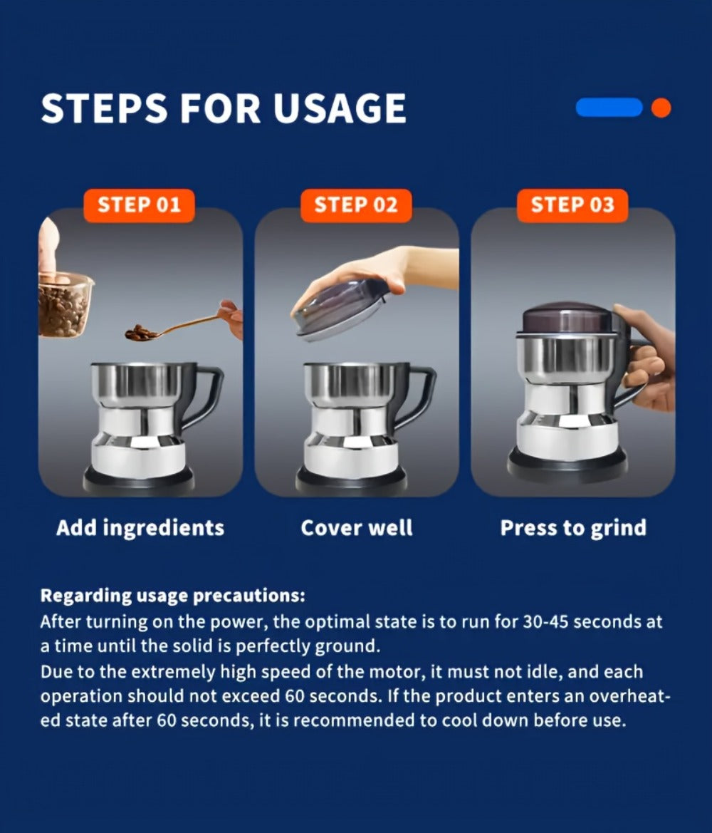 Electric Coffee Grinder 300W 4-Blade Stainless Steel Spice Nut Bean Grinder 400g 14oz Deepen Chamber Wet Dry Food Processor 10-Second Fast Grinding One-Button Control