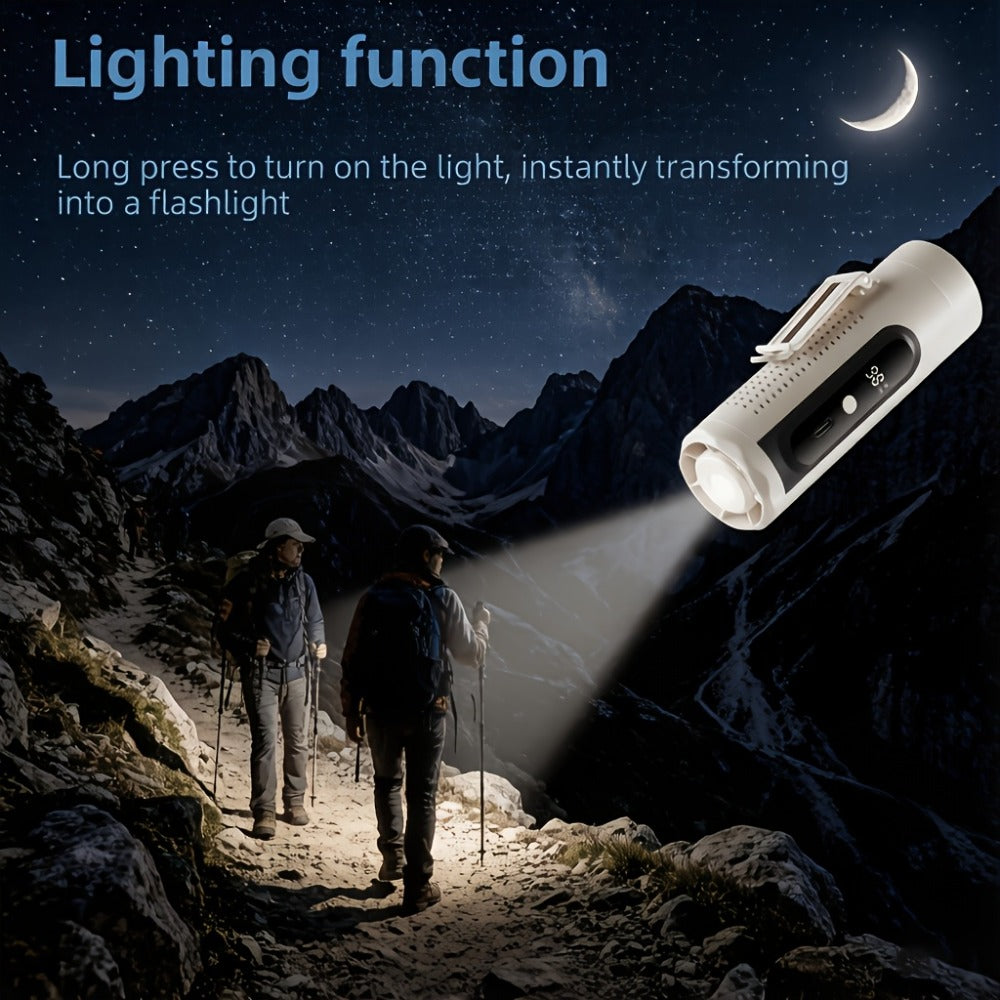 Turbo Handheld Fan 20000RPM Metal Cooling Plate 5-Speed Type-C Rechargeable Portable Mini Fan with LED Battery Display Waist Clip Flashlight for Travel Outdoor