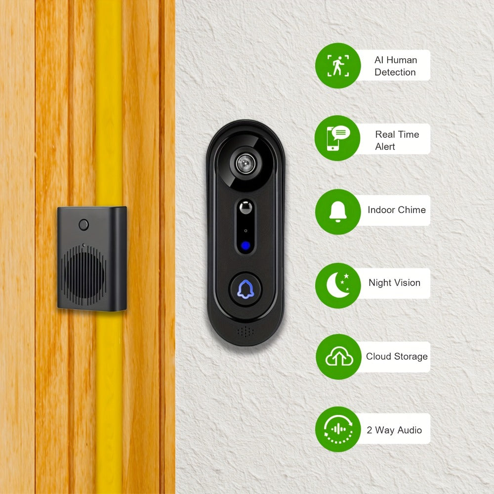 Wireless Video Doorbell Camera 1080P HD Night Vision Motion Detection Two-Way Audio Battery Powered Indoor Chime Cloud Storage Smart Home Security 2.4GHz WiFi Black
