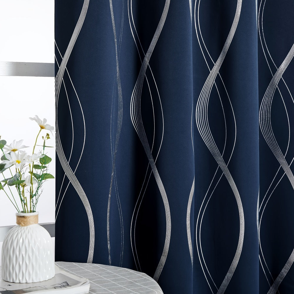 Thermal Insulated Blackout Curtains 2 Panels Wave Line Foil Print Noise Reducing Room Darkening Drapes for Bedroom Living Room Patio Sliding Glass Door