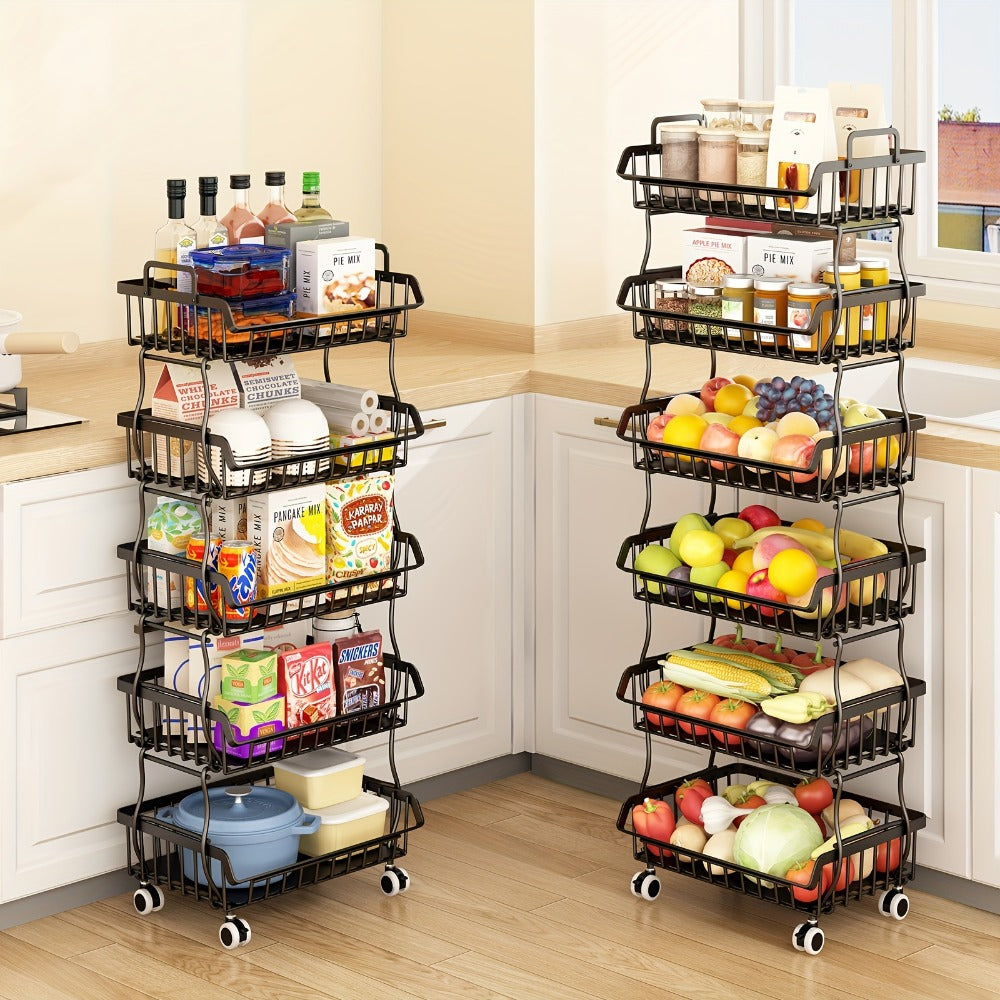 6-Tier Stackable Metal Wire Storage Basket Organizer with Wheels - Rolling Kitchen Pantry Rack for Fruits Vegetables Utensils, Space-Saving Open Shelf