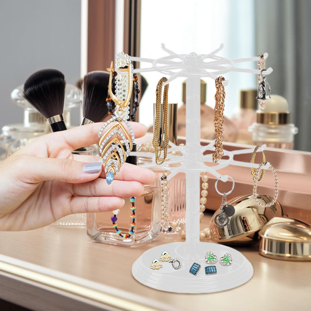 Rotating Jewelry Stand 2-Tier Black ¨C Necklace Bracelet Earring Organizer Display Rack, Plastic Hanging Jewelry Tower for Dressing Table Counter, Keychain Holder, No Electricity Needed