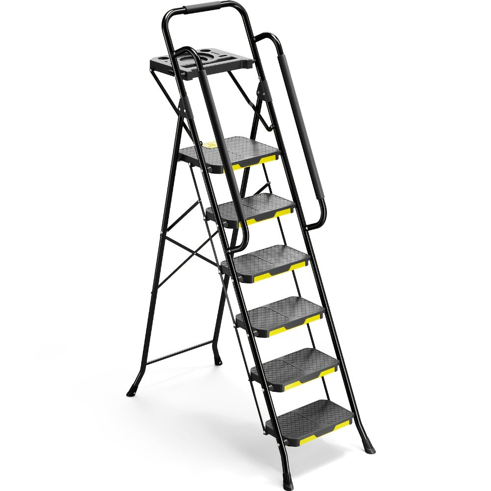 6 Step Ladder with Handrails & Tool Platform 800 LBS ¨C Folding Step Stool Wide Pedal Steel Safety Ladder for Adults, Painting, Home, Garage & Outdoor Use ¨C Auto Safety Lock, Compact Storage