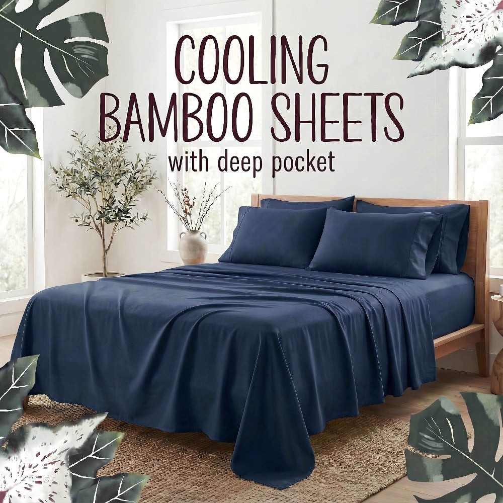 Bamboo Fiber Bed Sheet Set 4-Piece ¨C Cooling Sheets, Hypoallergenic, Deep Pocket Fitted Sheet, Wrinkle-Free Bedding for All Seasons, Twin Full Queen King