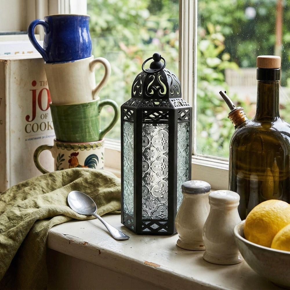 Moroccan Candle Lantern Holder - Decorative Metal & Glass Lantern with Embossed Floral Design for Indoor Home Decor, Garden, Patio, Weddings, Ramadan, Halloween & Holiday Celebrations - 10.5¡± Tall Medium Size