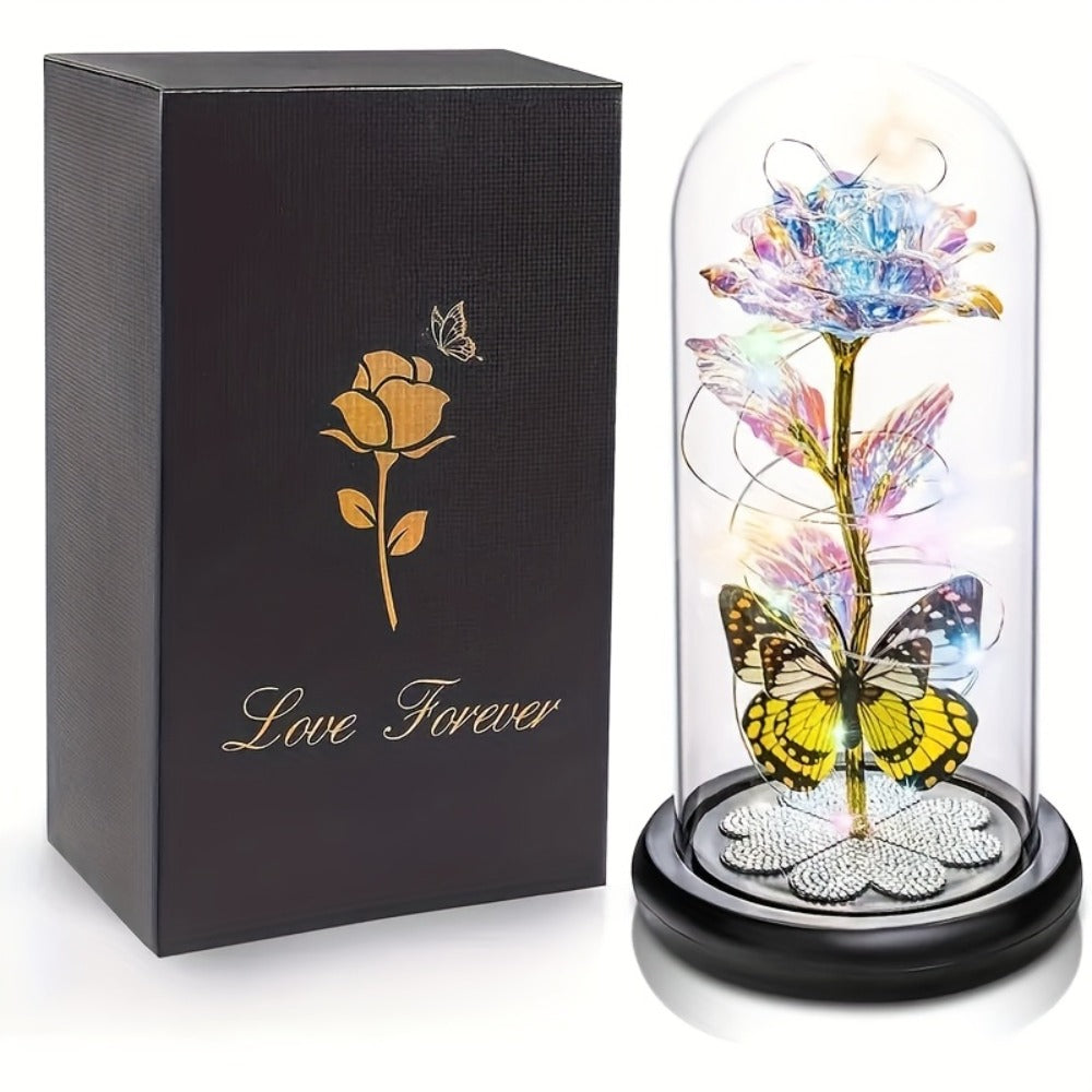 Glass Rose Crystal Flower in Glass Dome with LED Glow - Eternal Galaxy Rose Gift for Women, Mom, Wife, Daughter, Birthday Valentine's Day Mother's Day Gift, Butterfly Decor