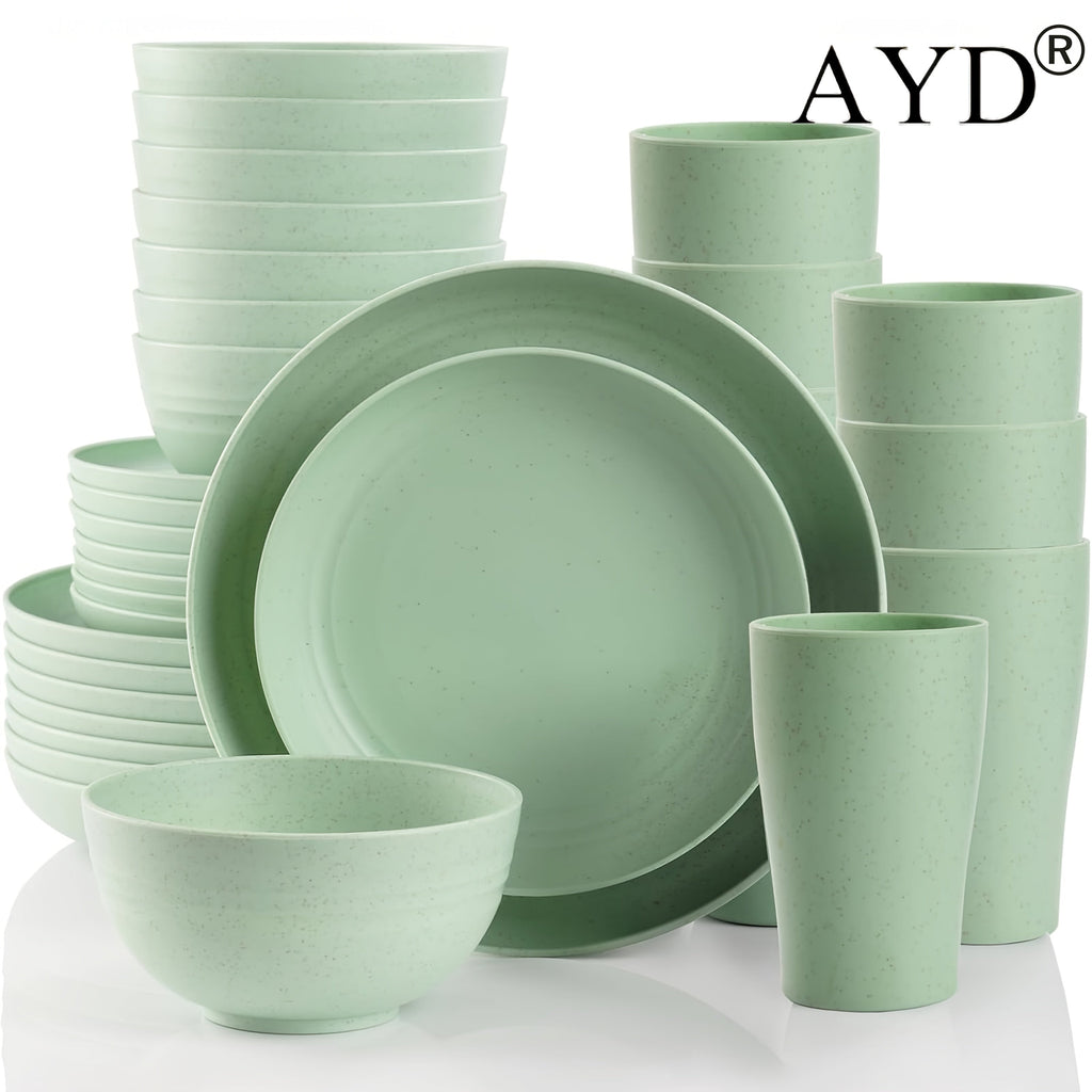 Wheat Straw Dinnerware Set 16 or 32 Piece ¨C Plates & Bowls for 4 or 8 People, Microwave & Dishwasher Safe Plastic Dish Set, Lightweight Colorful Tableware for Home, Party & Holiday