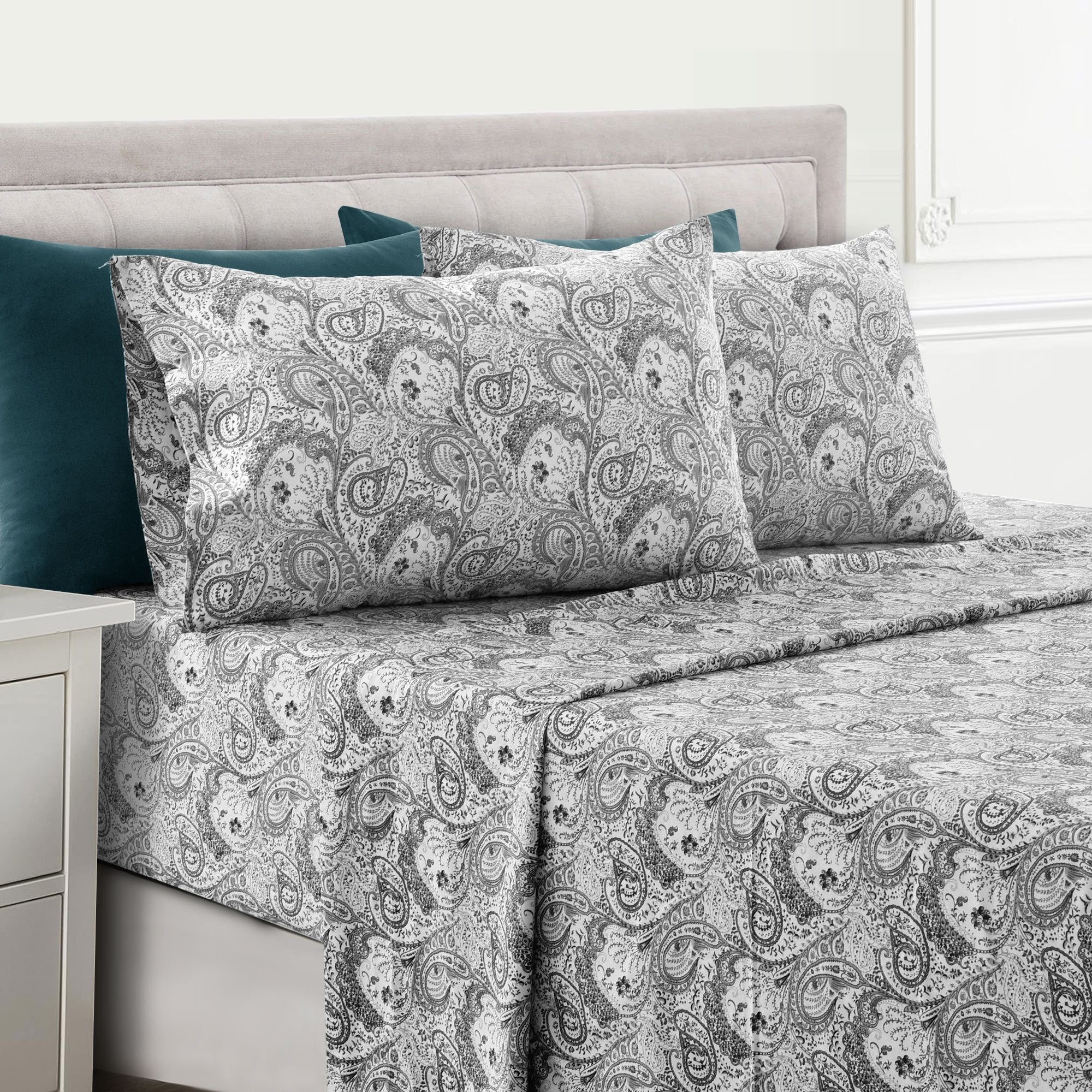 Paisley Bed Sheet Set 4 6 Piece 100% Brushed Microfiber Deep Pocket Fitted Sheet Soft Wrinkle Free Cooling Breathable Twin Full Queen King Cal King