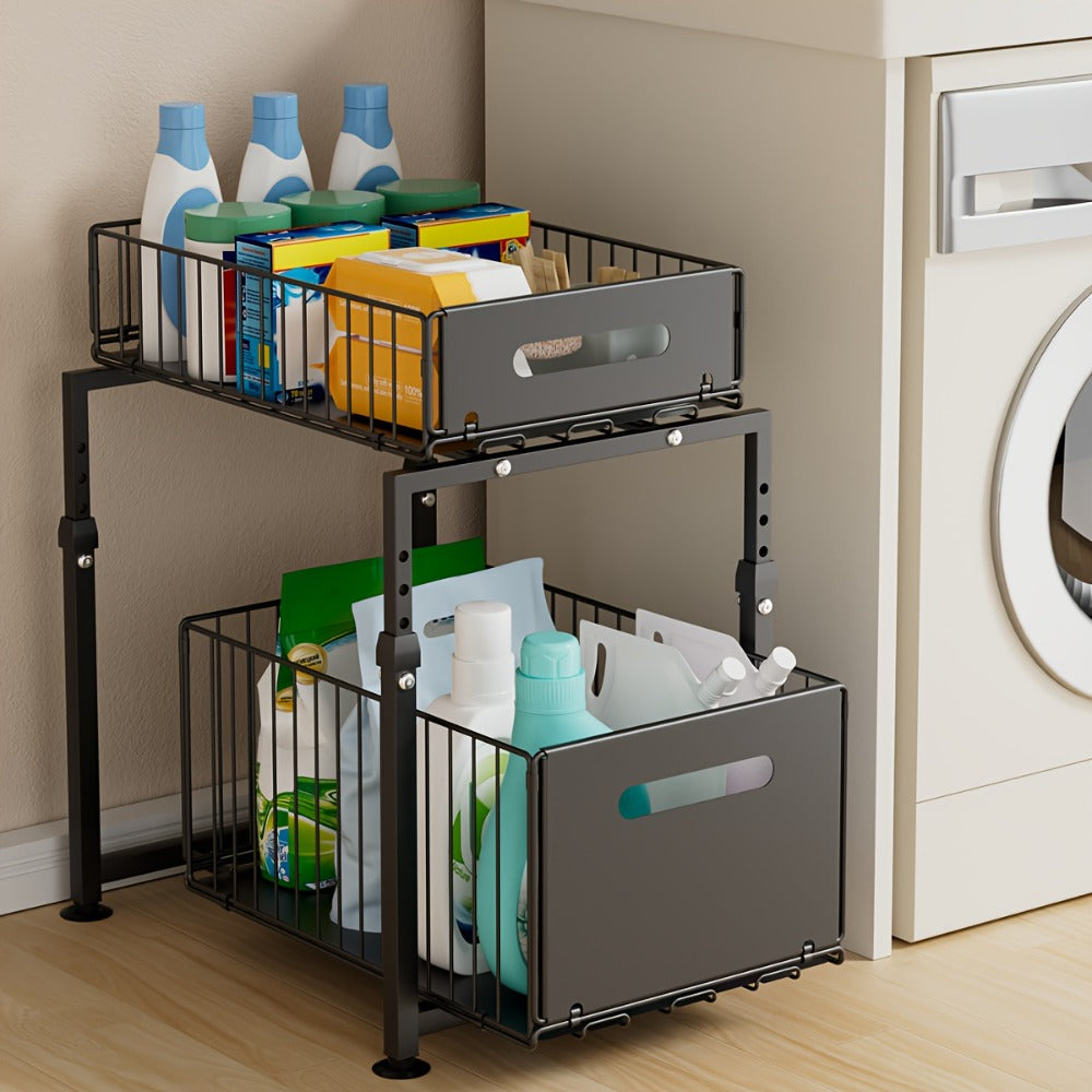 Under Sink Organizer 2-Tier Pull Out - Adjustable Height Carbon Steel Cabinet Storage Shelf for Kitchen and Bathroom, Space Saving Sliding Drawer Rack for Cleaning Supplies Pots and Toiletries, Heavy Duty Under Cabinet Organizer Available in 1 or 2 Pack
