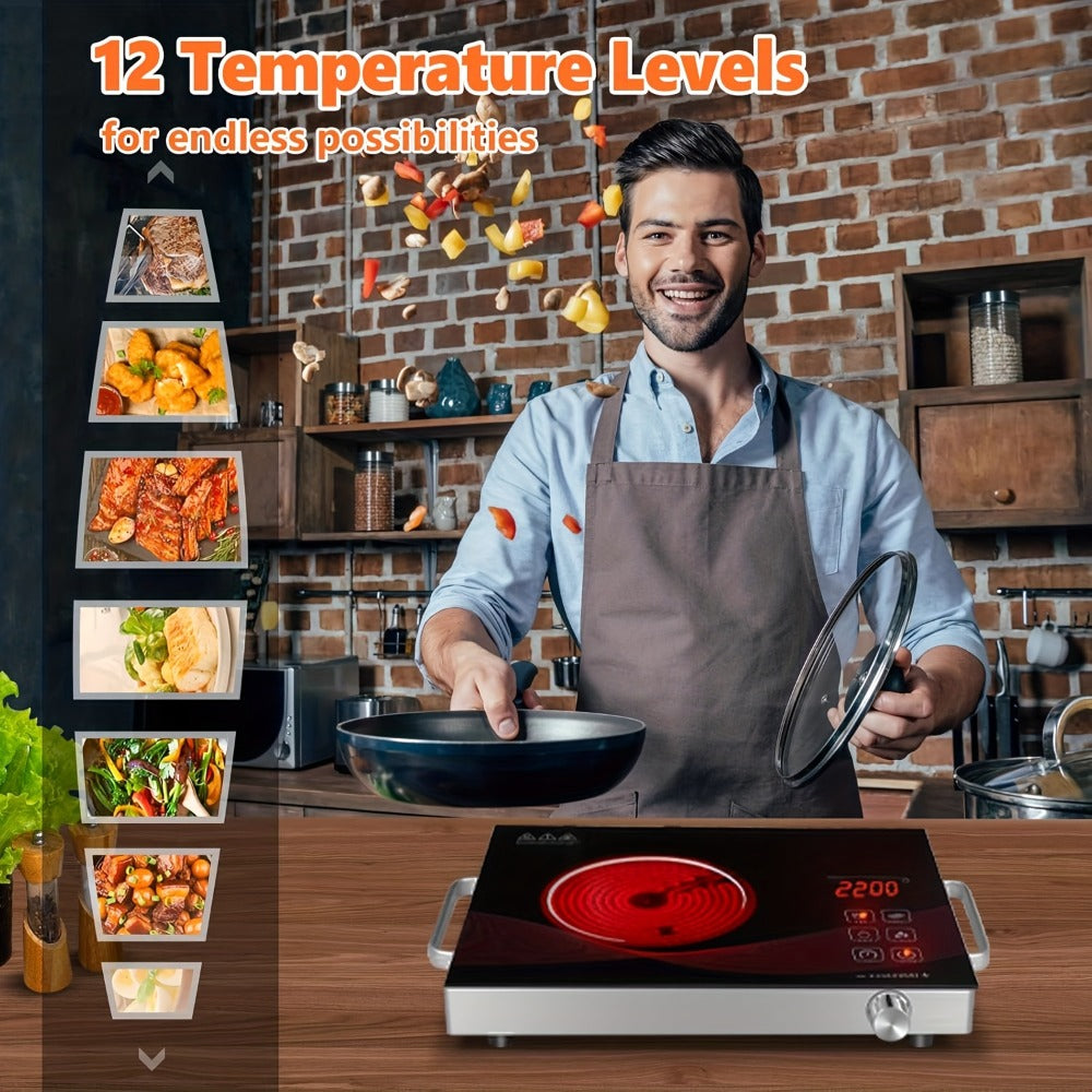 Portable Electric Induction Cooktop 2200W Ceramic Infrared Hot Plate with Adjustable Temperature & Dual Touch Rotation Control ¨C Single Burner Electric Stove for Home Dorm Cooking