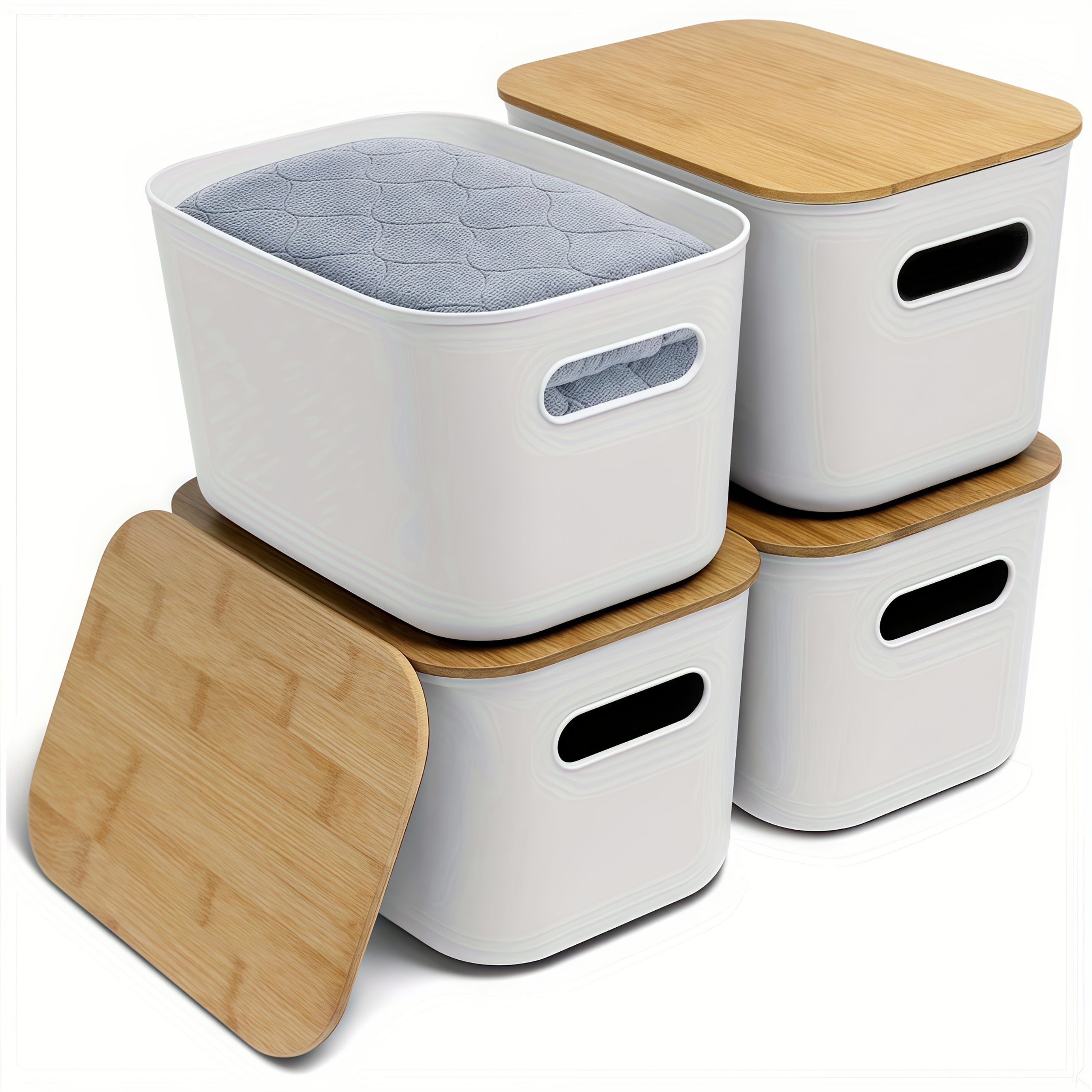 Plastic Storage Bins with Wood Lids Stackable Organizer with Handle and Labels for Home Office Kitchen Bedroom Closet Playroom 1 2 4 8 Pack