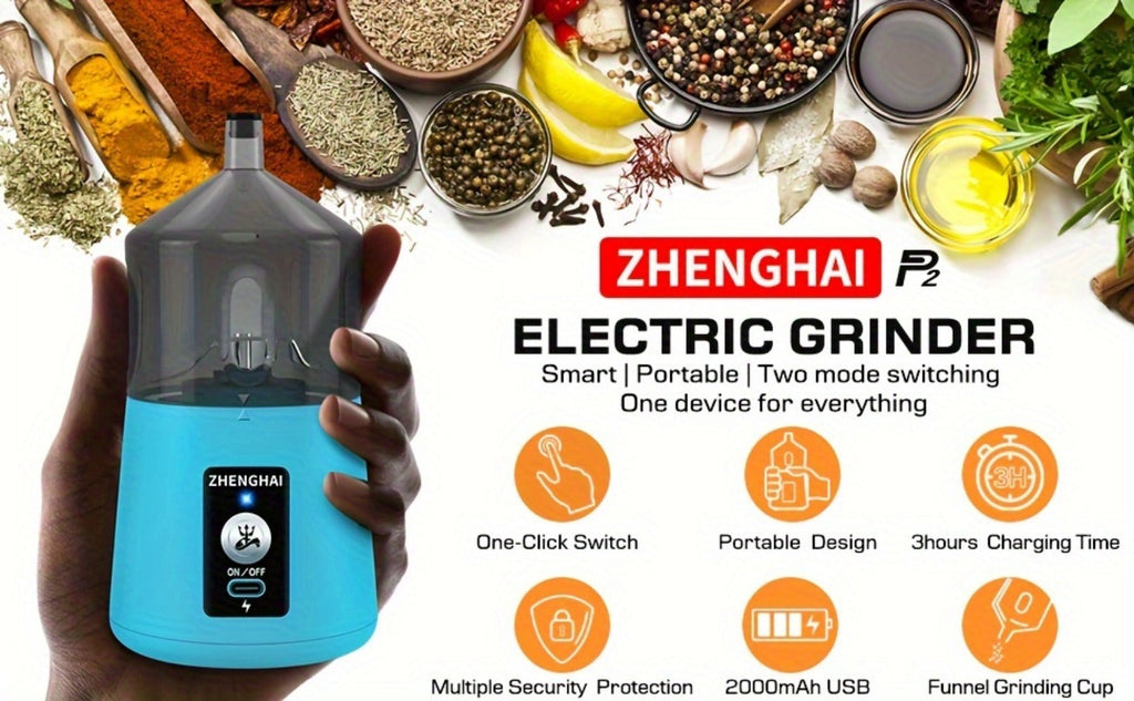 Electric Herb Grinder 150W USB-C Rechargeable - Dual Mode Pulse & Auto, Fast Grinding Dry Spices & Herbs, Compact Portable with Cleaning Brush | 6 Colors