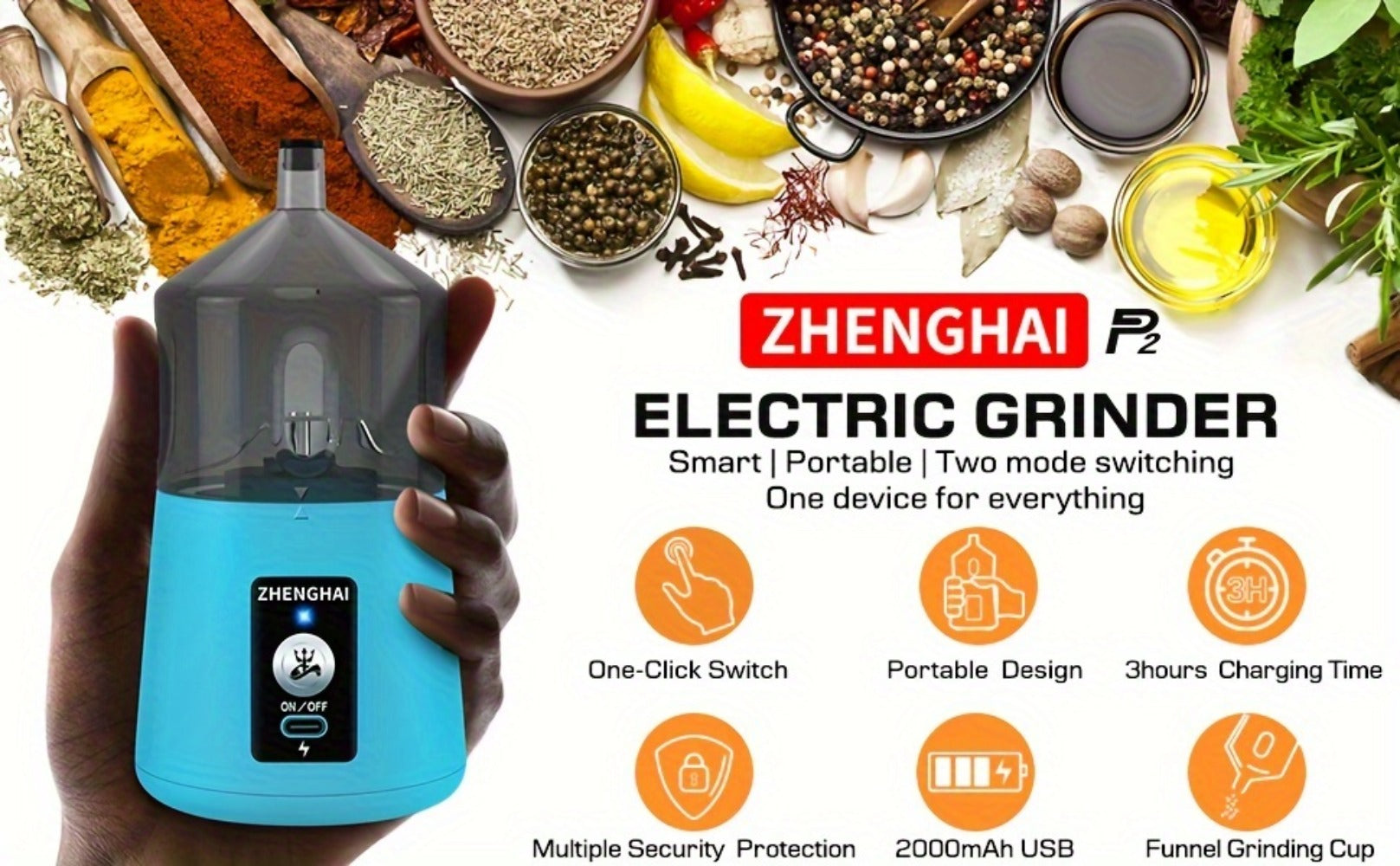 Electric Herb Grinder 150W USB-C Rechargeable - Dual Mode Pulse & Auto, Fast Grinding Dry Spices & Herbs, Compact Portable with Cleaning Brush | 6 Colors